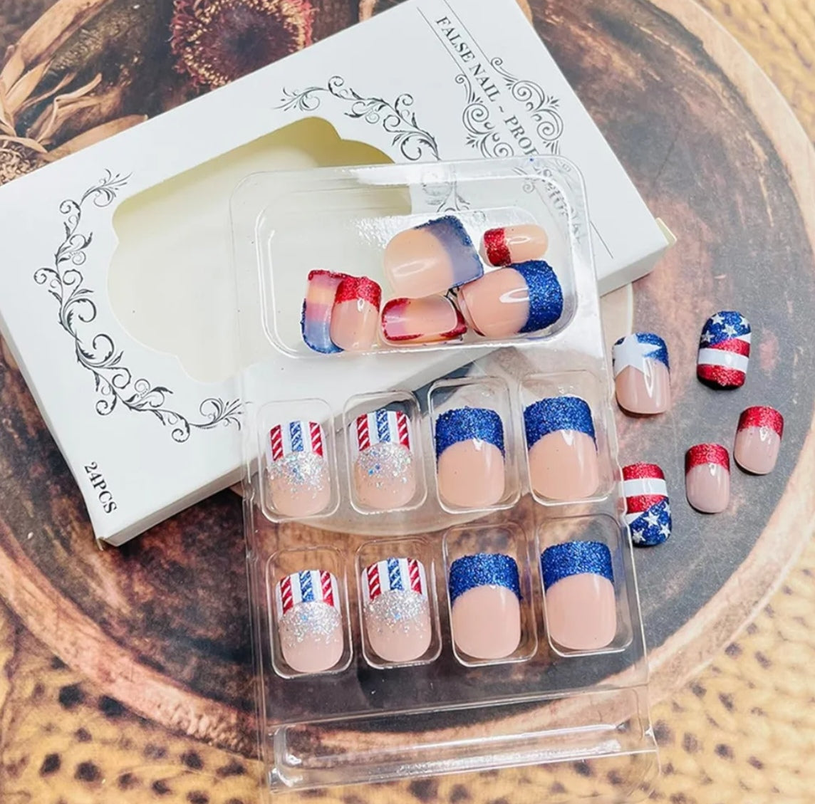 Chic Glitter Stripes Patriotic French Tip Press-On Nails Fake Artificial Nails 24 Pcs - Free Shipping