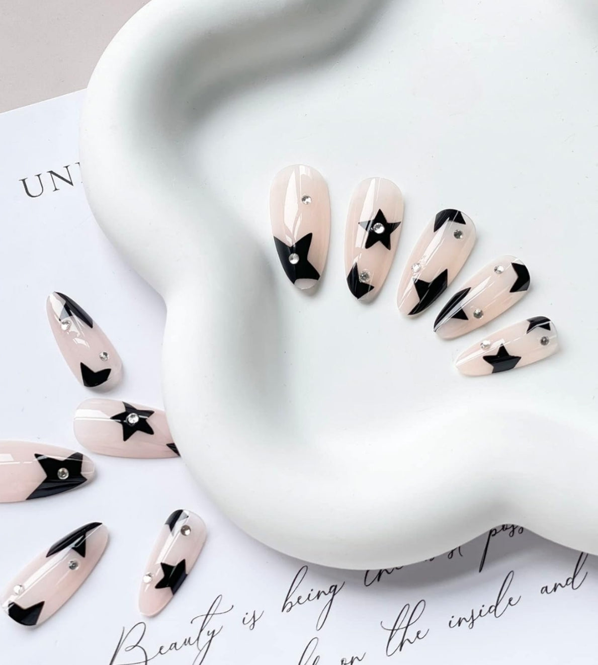 Black Star Rhinestone Almond Press On Acrylic Fake Nails - Free Shipping