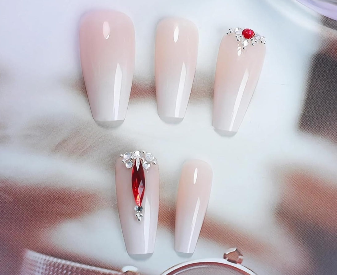 Elegant White 3D Red Rhinestone Ombre Press-On Nails Fake Nails 24 Pcs – Free Shipping