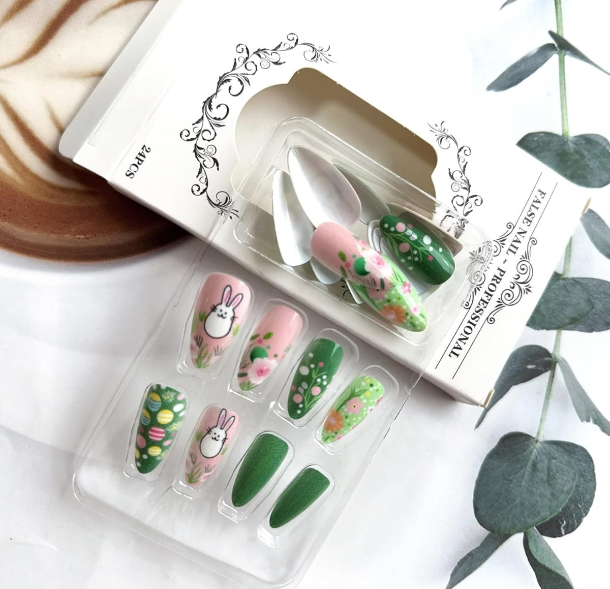 Cute Bunny Spring 3D Egg Art Floral Press-On Nails Fake Artificial Nails 24 Pcs-Free Shipping