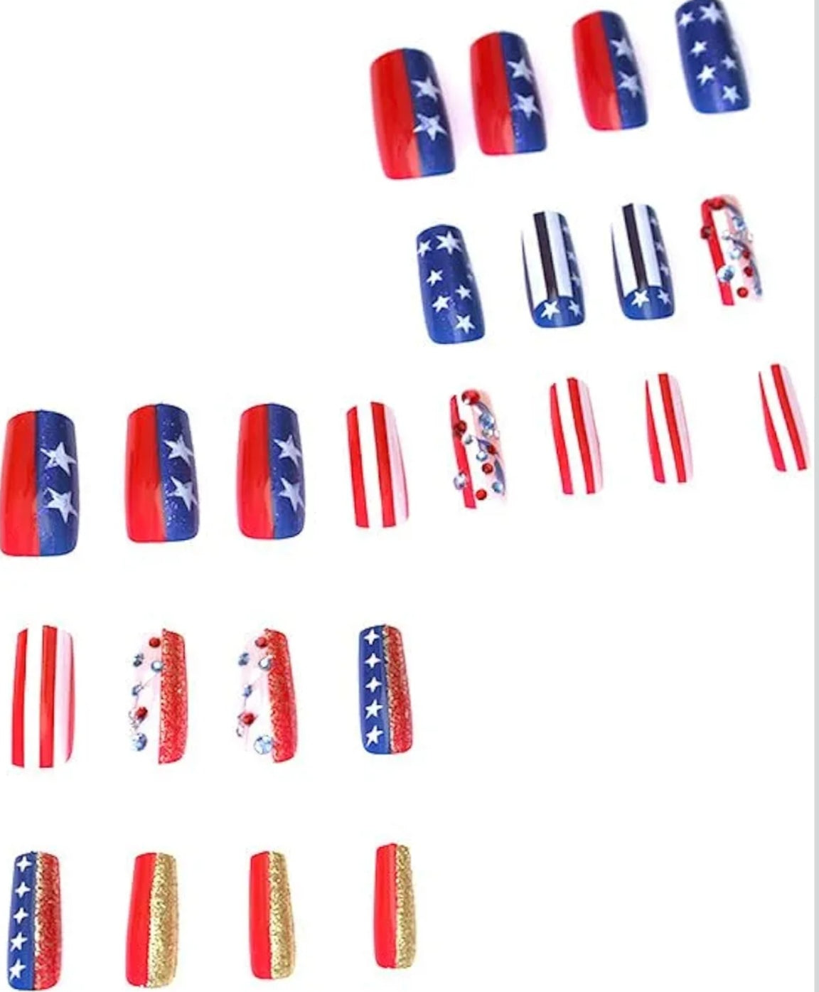 Elegant American Flag Glitter Star Stripes Press-On Nails Fake Artificial Nails 24 Pcs – Free Shipping