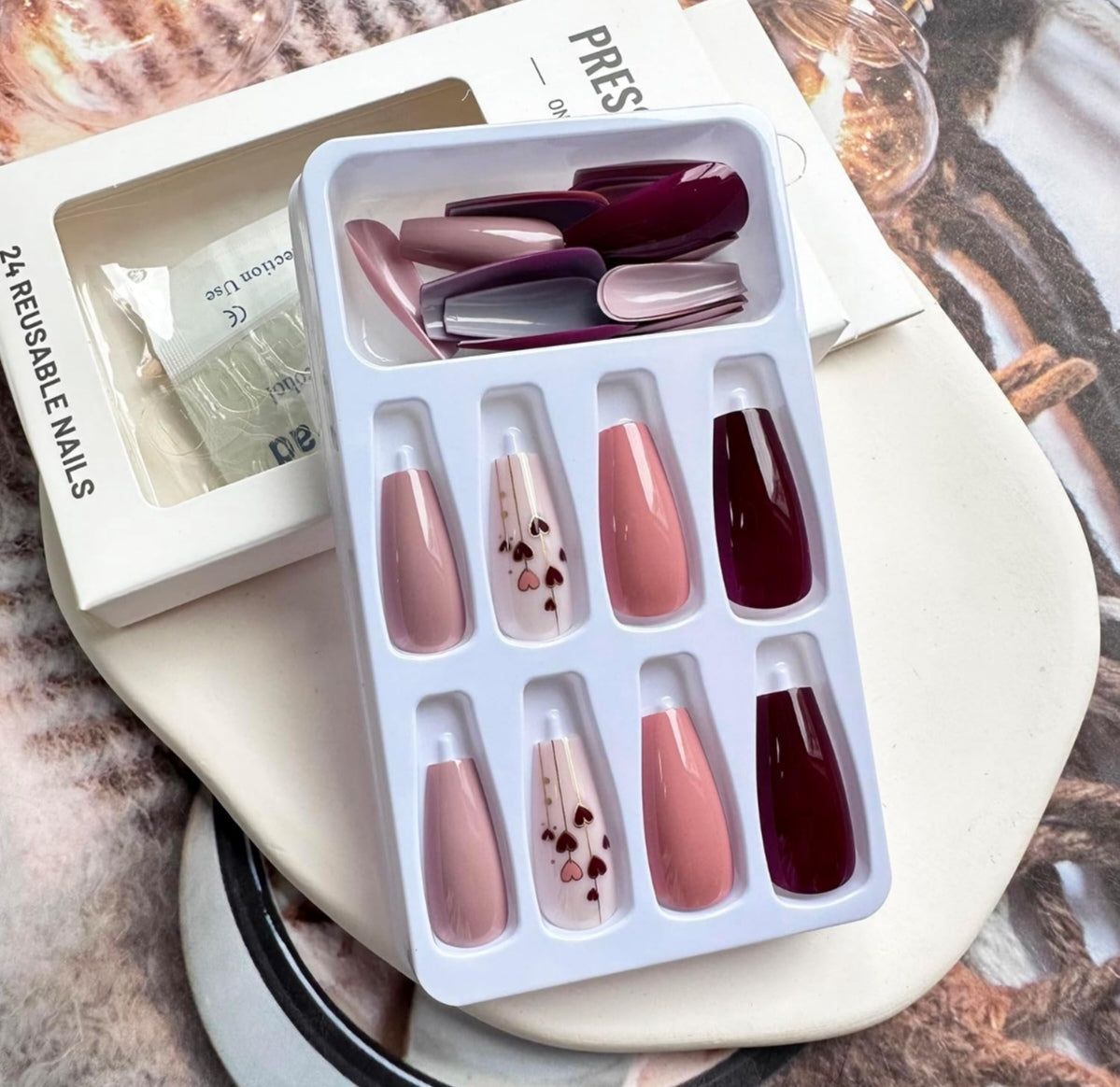 Chic Red Pink Heart Coffin Press-On Nails Acrylic False Nails - Free Shipping
