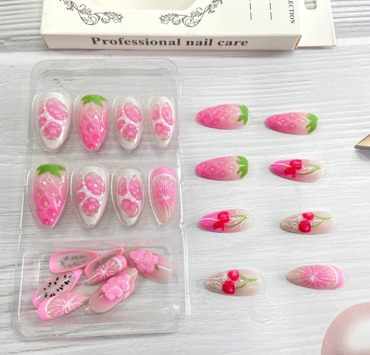 Stylish 3D Pink Cherry Grape Press-On Nails Fake Nails 24 Pcs - Free Shipping