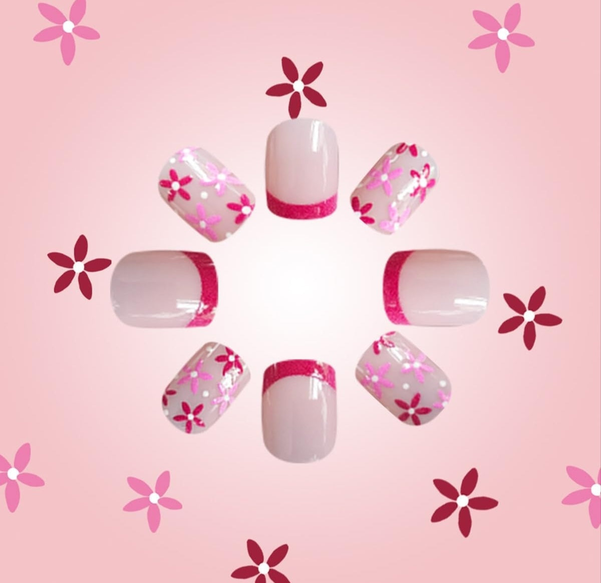 Chic Spring Floral French Tip Press-On Nails Fake Artificial Nails 24 Pcs – Free Shipping