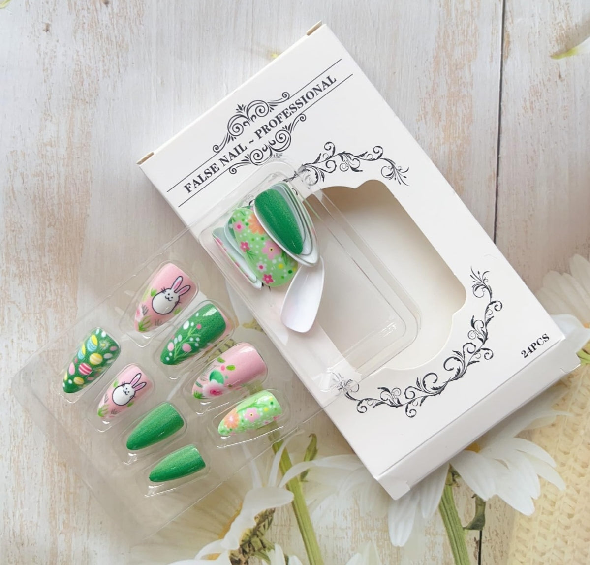 Cute Bunny Spring 3D Egg Art Floral Press-On Nails Fake Artificial Nails 24 Pcs-Free Shipping