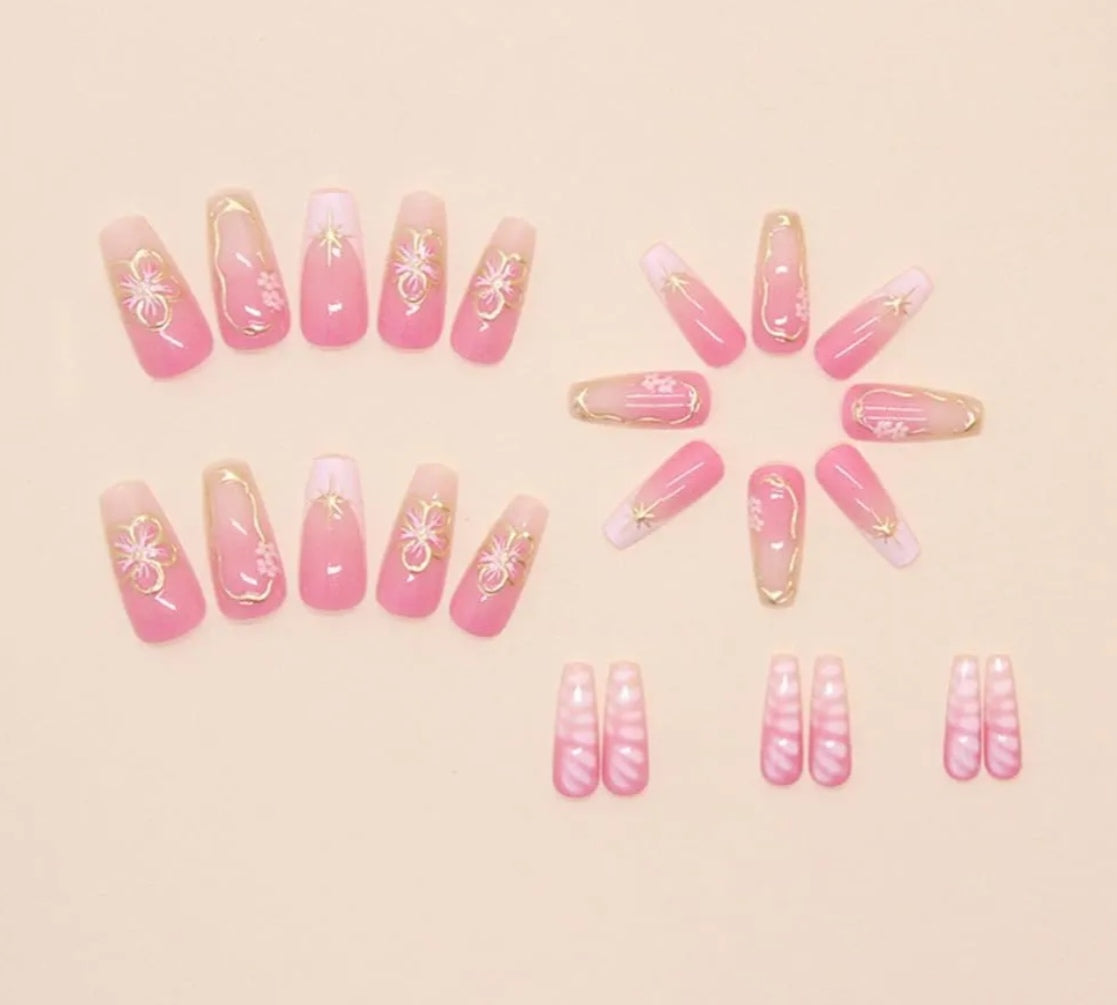 Stylish Pink Gold Butterfly Floral Nails Press-On Nails Fake Artificial Nails 24 Pcs-Free Shipping