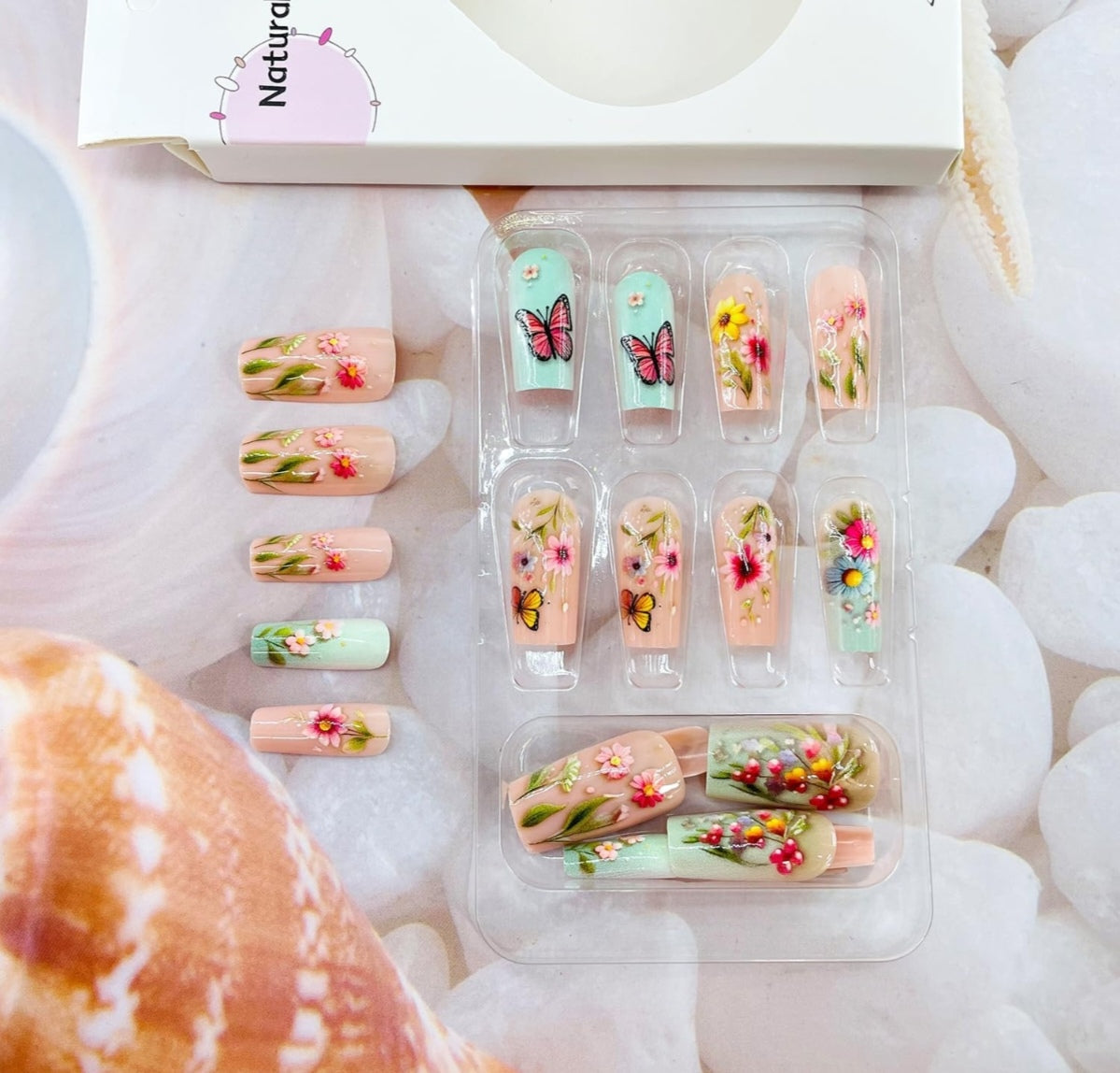 Cute Spring Floral Butterfly Coffin Press-On Nails Artificial Nails 24 Pcs - Free Shipping
