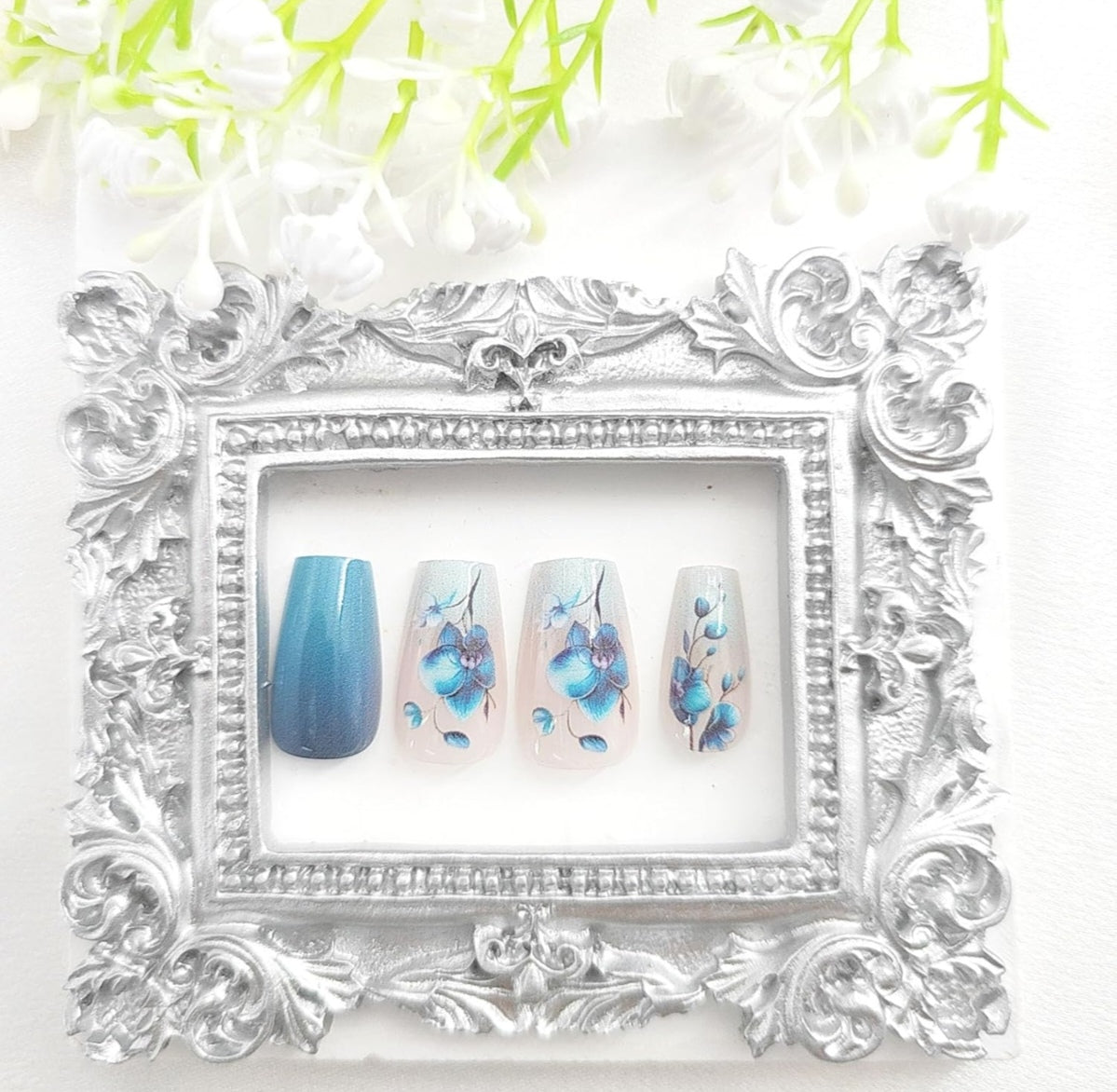 Blue Floral Ombre Press-On Nails Fake Artificial Nails 24 Pcs – Free Shipping