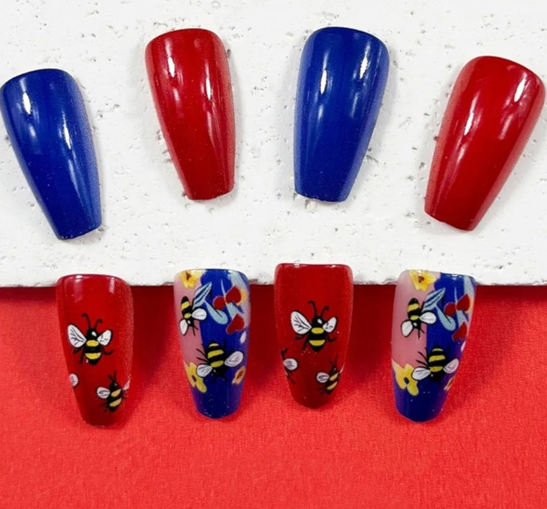 Fun Floral Bee Heart Patriotic Design Press-On Nails Fake Artificial Nails 24 Pcs - Free Shipping