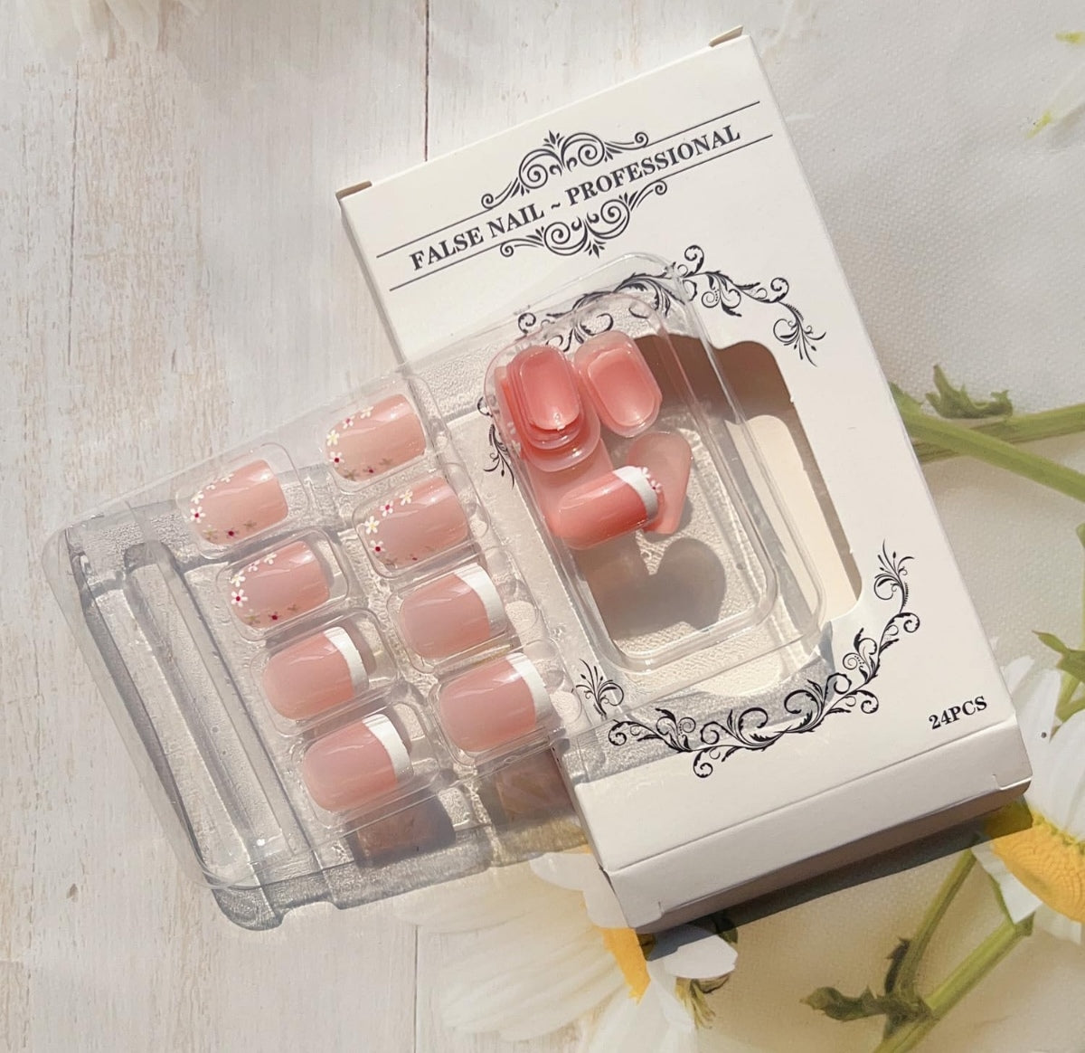 Chic Spring French Floral Short Press-On Nails Fake Artificial Nails 24 Pcs-Free Shipping