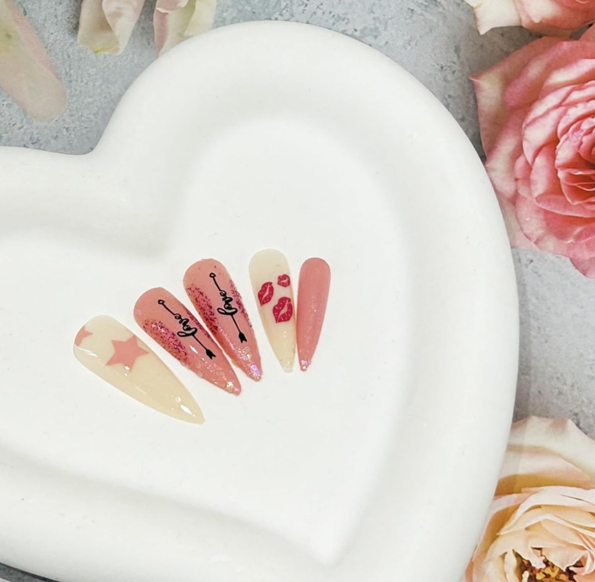 Love Pink White Glitter Lip Kisses Valentine's Press-On Nails Acrylic Fake Nails-Free Shipping