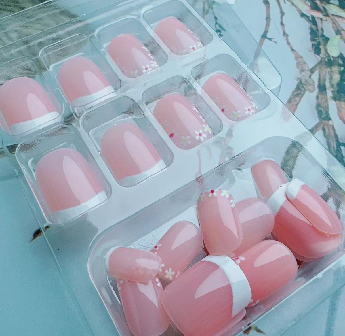 Chic Spring French Floral Short Press-On Nails Fake Artificial Nails 24 Pcs-Free Shipping