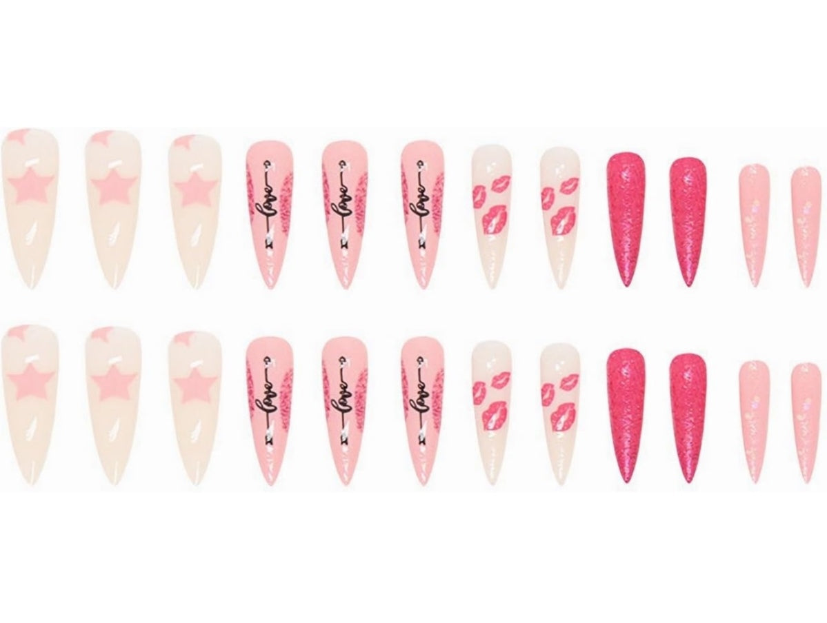 Love Pink White Glitter Lip Kisses Valentine's Press-On Nails Acrylic Fake Nails-Free Shipping