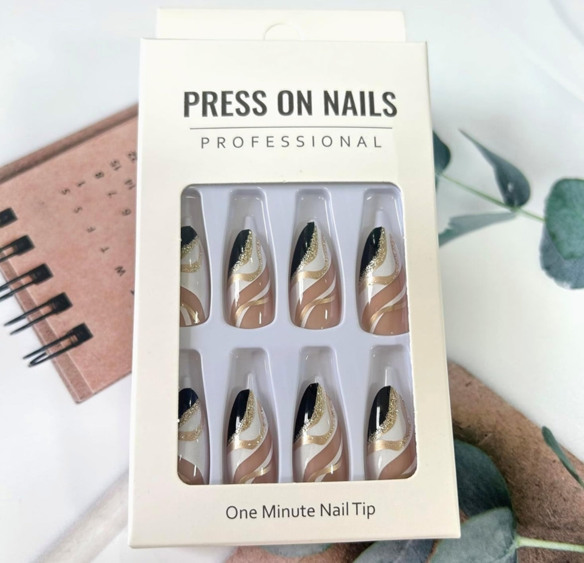 Glamorous Black Gold Abstract Almond Press-On Acrylic Fake Nails-Free Shipping