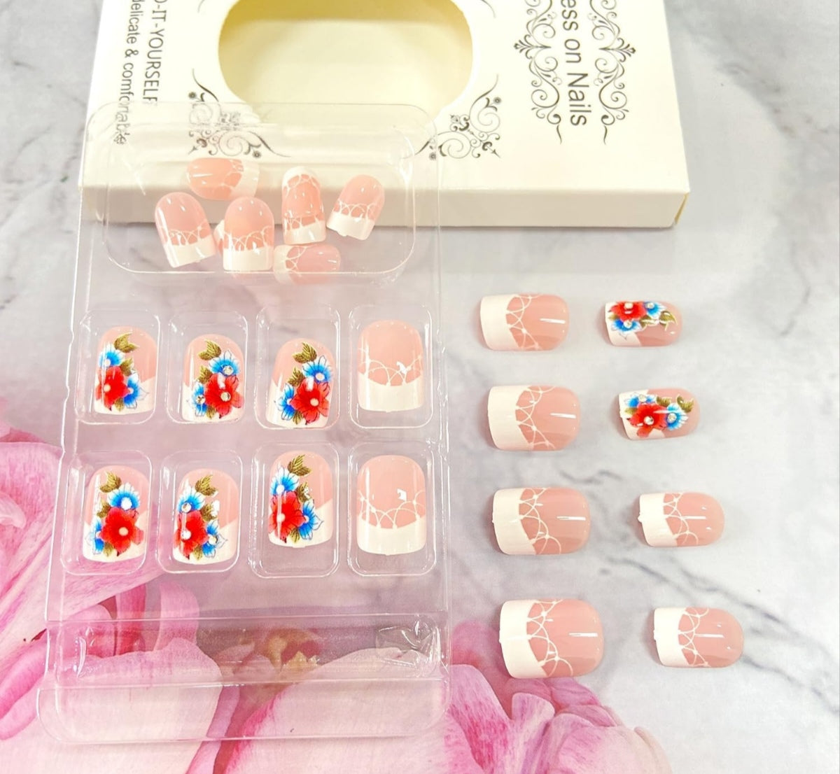 French Tip Blue Flower Press-On Nails Fake Artificial Nails 24 Pcs – Free Shipping