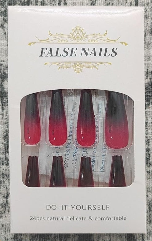 Stunning Black Red Ombre Glossy Coffin Press-On Nails Artificial Nails 24 Pcs - Free Shipping
