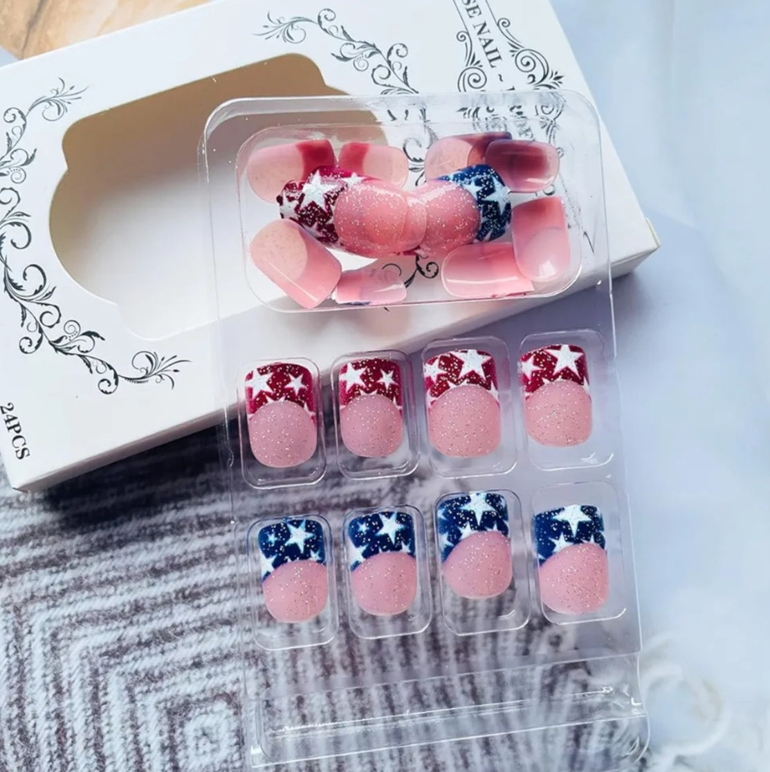 Chic French Glitter Tip Patriotic Stars Press-On Nails Fake Artificial Nails 24 Pcs – Free Shipping