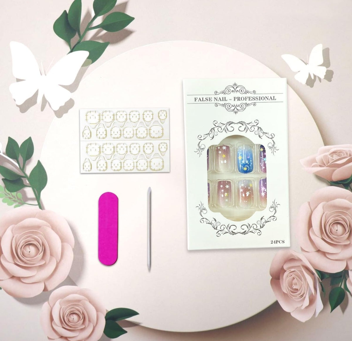 Glitter Star Moon Ombre Press-On Nails Fake Artificial Nails 24 Pcs – Free Shipping