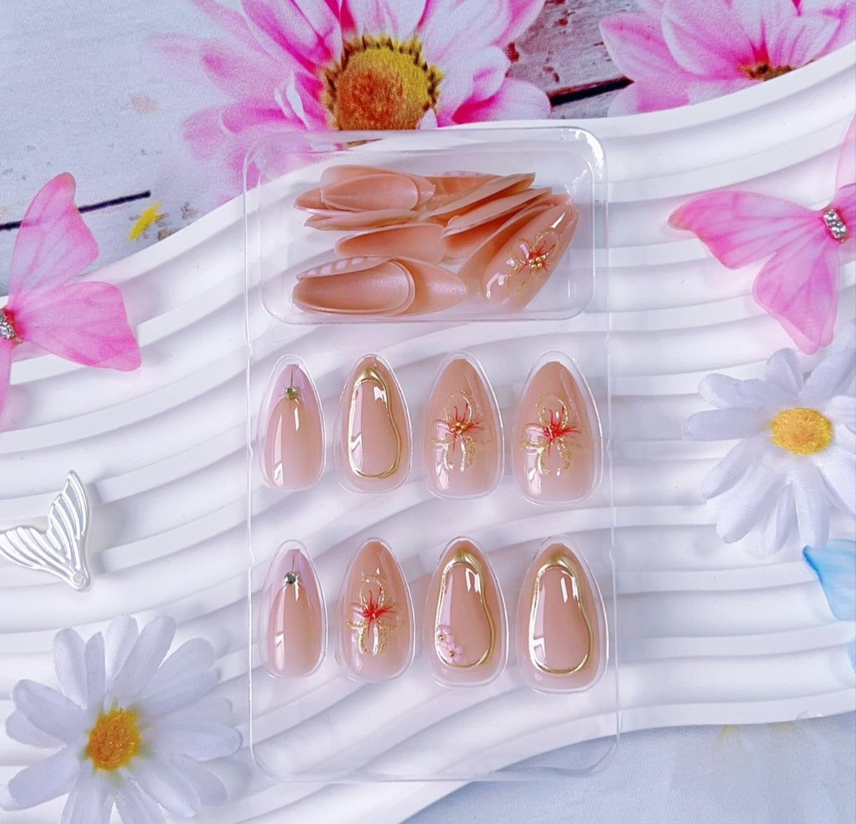 Stylish 3D Gold Floral French Rhinestone Press-On Nails Fake Nails 24 Pcs - Free Shipping