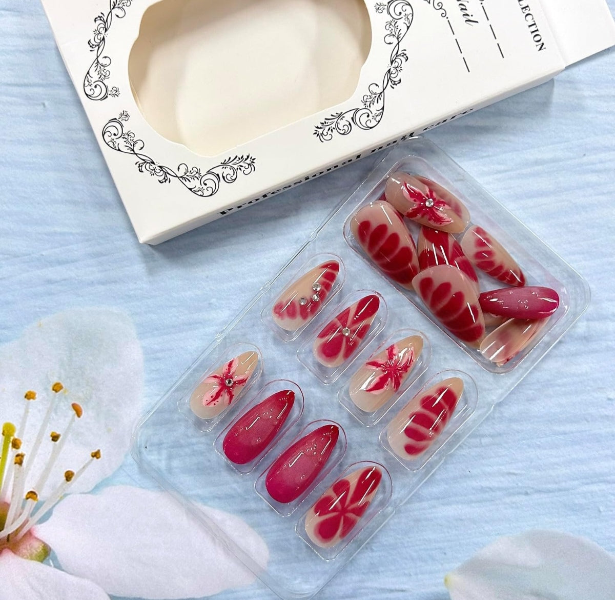 Elegant Pink 3D Floral Rhinestone Press-On Nails Fake Nails 24 Pcs - Free Shipping
