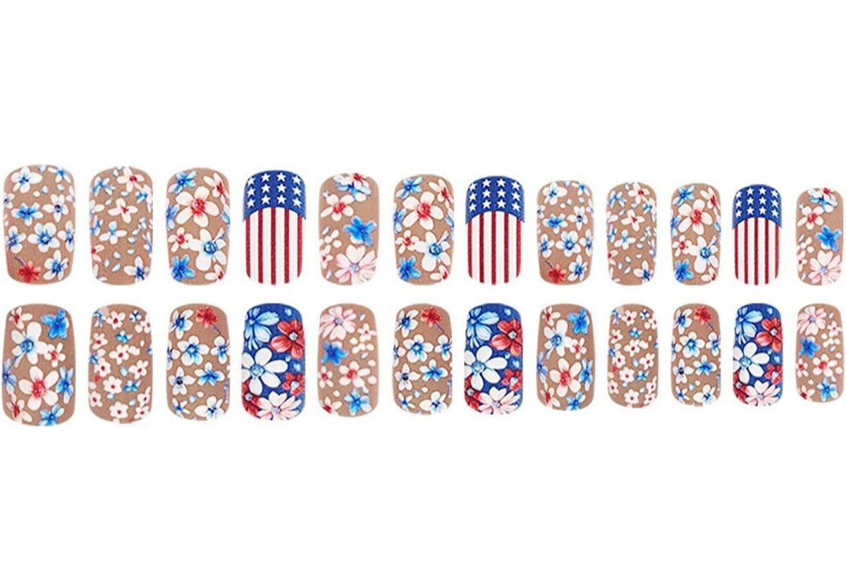 Red Blue Floral American Flag Design Press-On Nails Fake Artificial Nails 24 Pcs – Free Shipping