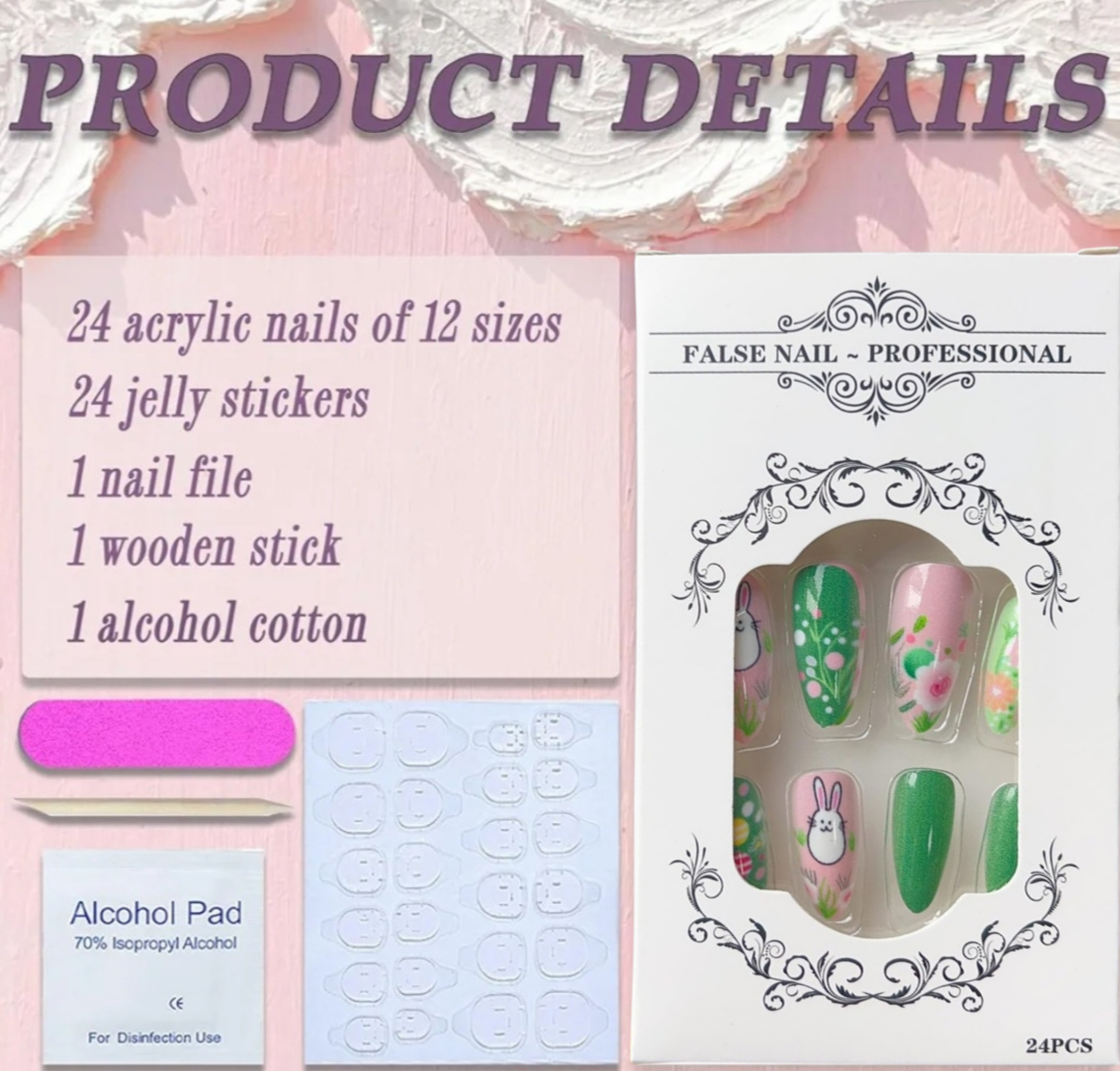 Cute Bunny Spring 3D Egg Art Floral Press-On Nails Fake Artificial Nails 24 Pcs-Free Shipping