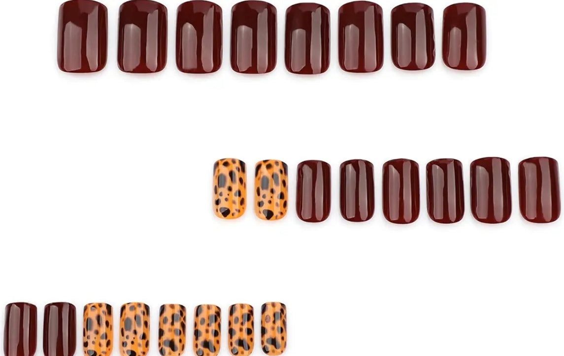Chic Burgundy Leopard Print Press-On Nails Fake Artificial Nails 24 Pcs - Free Shipping