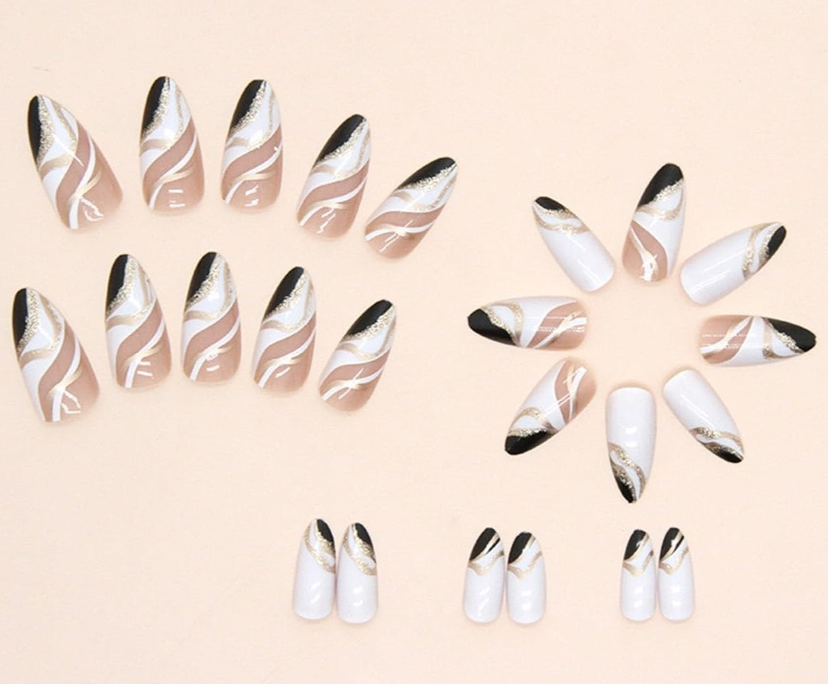 Glamorous Black Gold Abstract Almond Press-On Acrylic Fake Nails-Free Shipping
