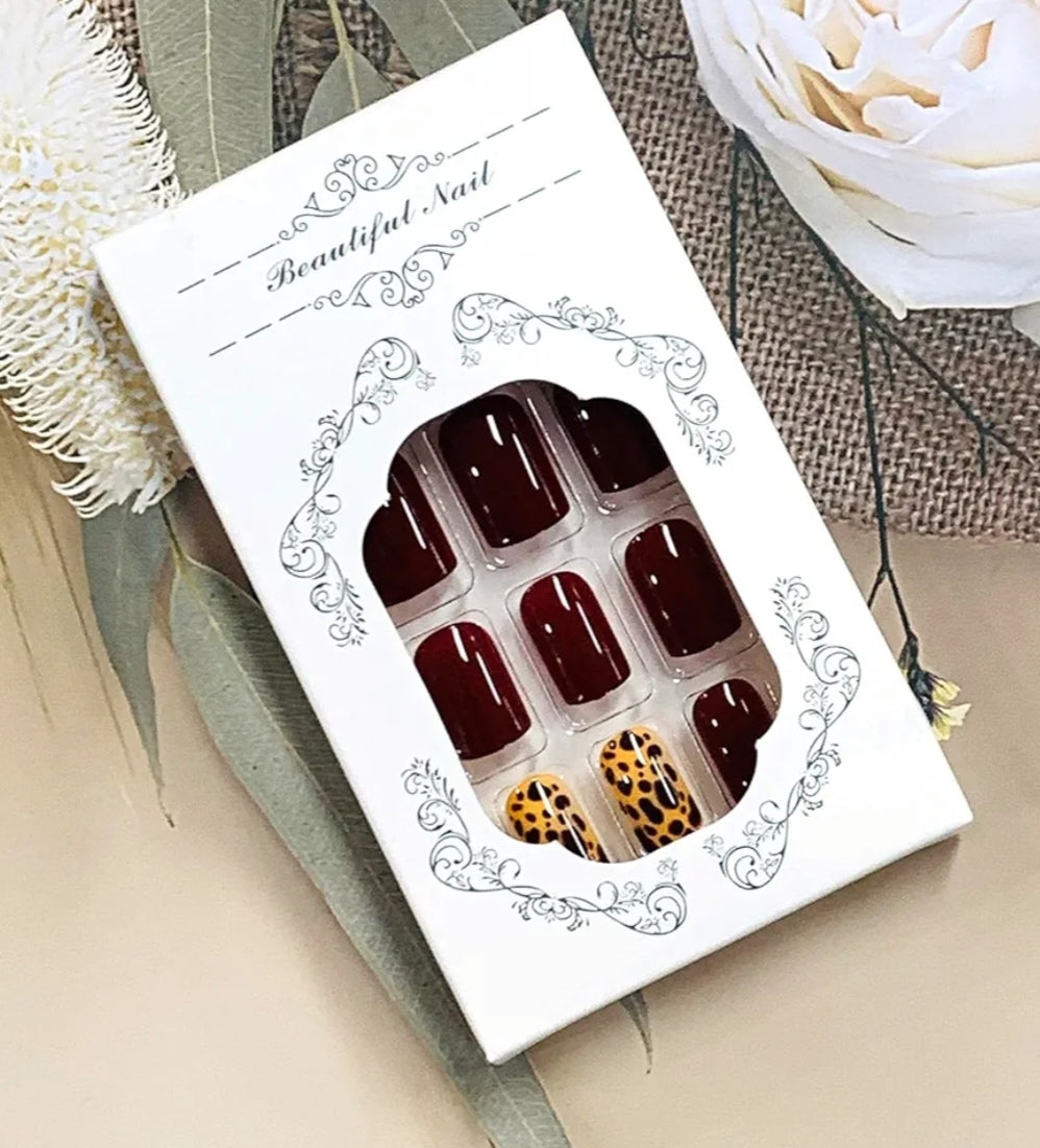 Chic Burgundy Leopard Print Press-On Nails Fake Artificial Nails 24 Pcs - Free Shipping