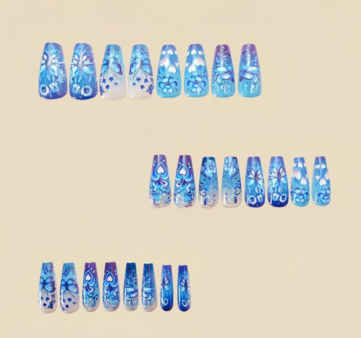 Stylish Blue Floral Butterfly Hearts Press-On Nails Artificial Nails 24 Pcs - Free Shipping