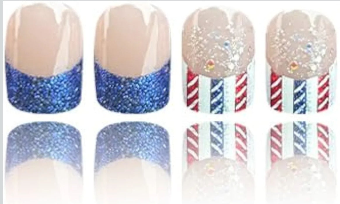 Chic Glitter Stripes Patriotic French Tip Press-On Nails Fake Artificial Nails 24 Pcs - Free Shipping