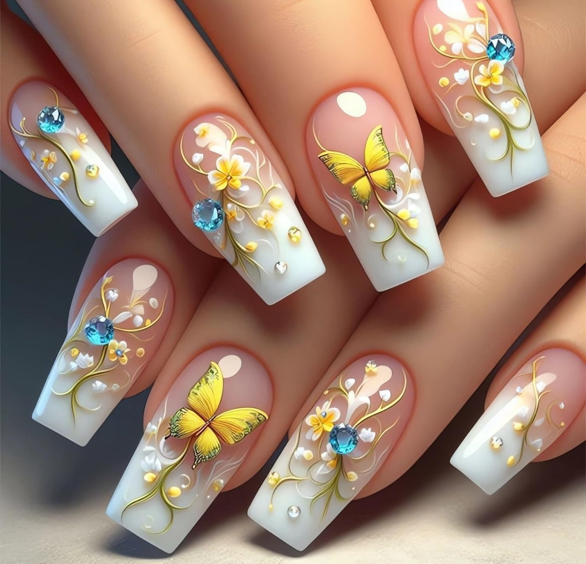 Butterfly French Floral Rhinestone Press-On Nails Fake Nails 24 Pcs - Free Shipping