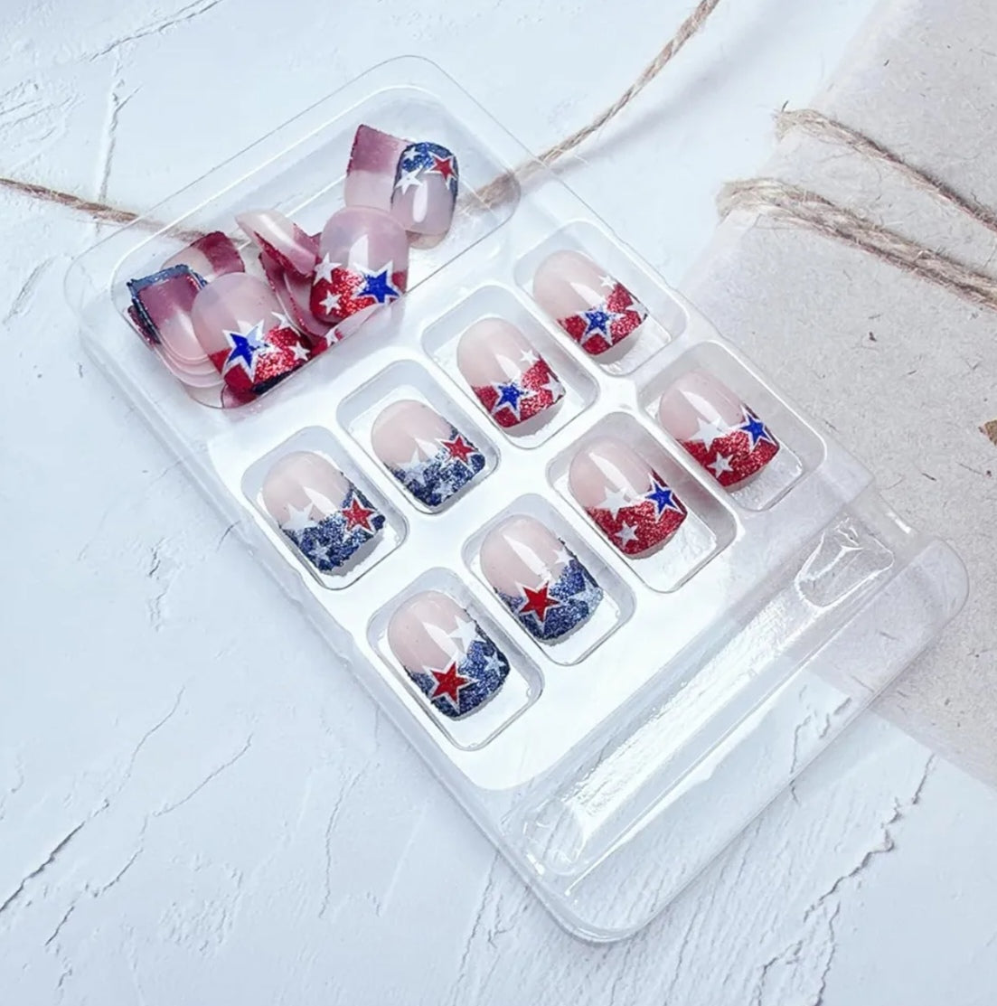 Chic French Glitter Patriotic Star Press-On Nails Fake Artificial Nails 24 Pcs-Free Shipping