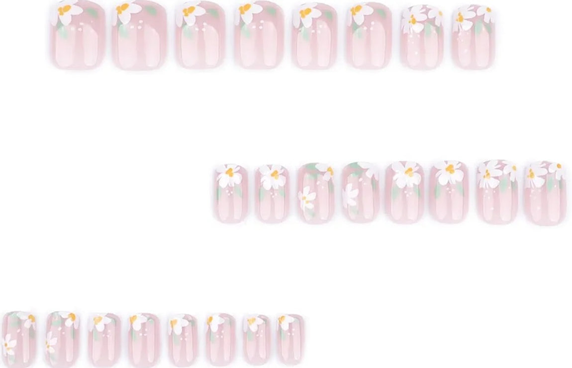Spring Daisy Floral Tips Press-On Nails Fake Artificial Nails 24 Pcs – Free Shipping