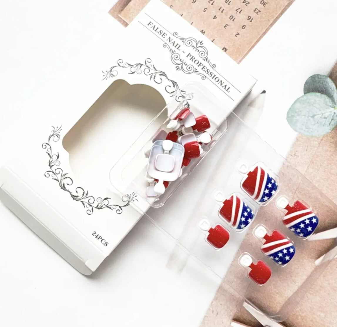 Trendy Red Glitter Patriotic Stars Press-On Toenails Fake Artificial Nails 24 Pcs-Free Shipping