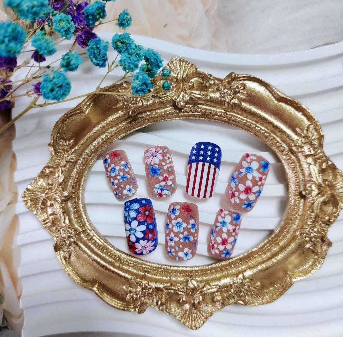 Red Blue Floral American Flag Design Press-On Nails Fake Artificial Nails 24 Pcs – Free Shipping