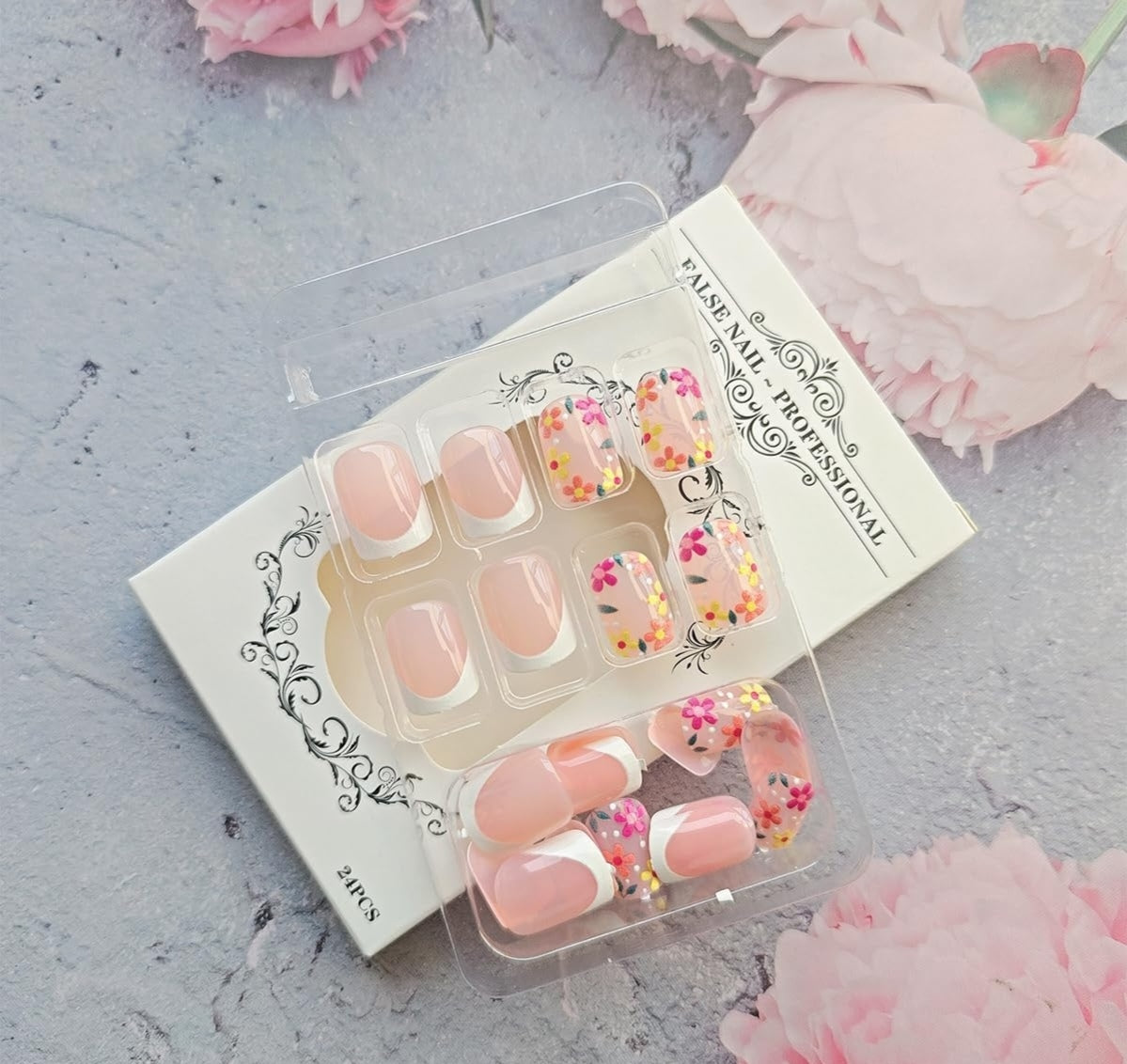 Stylish Spring Flower French Tip Press-On Nails Fake Artificial Nails 24 Pcs-Free Shipping
