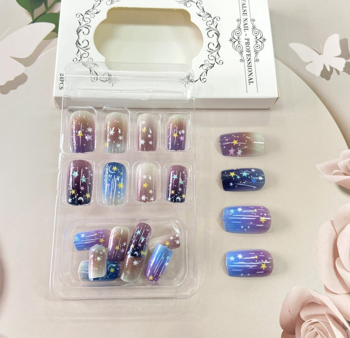 Glitter Star Moon Ombre Press-On Nails Fake Artificial Nails 24 Pcs – Free Shipping
