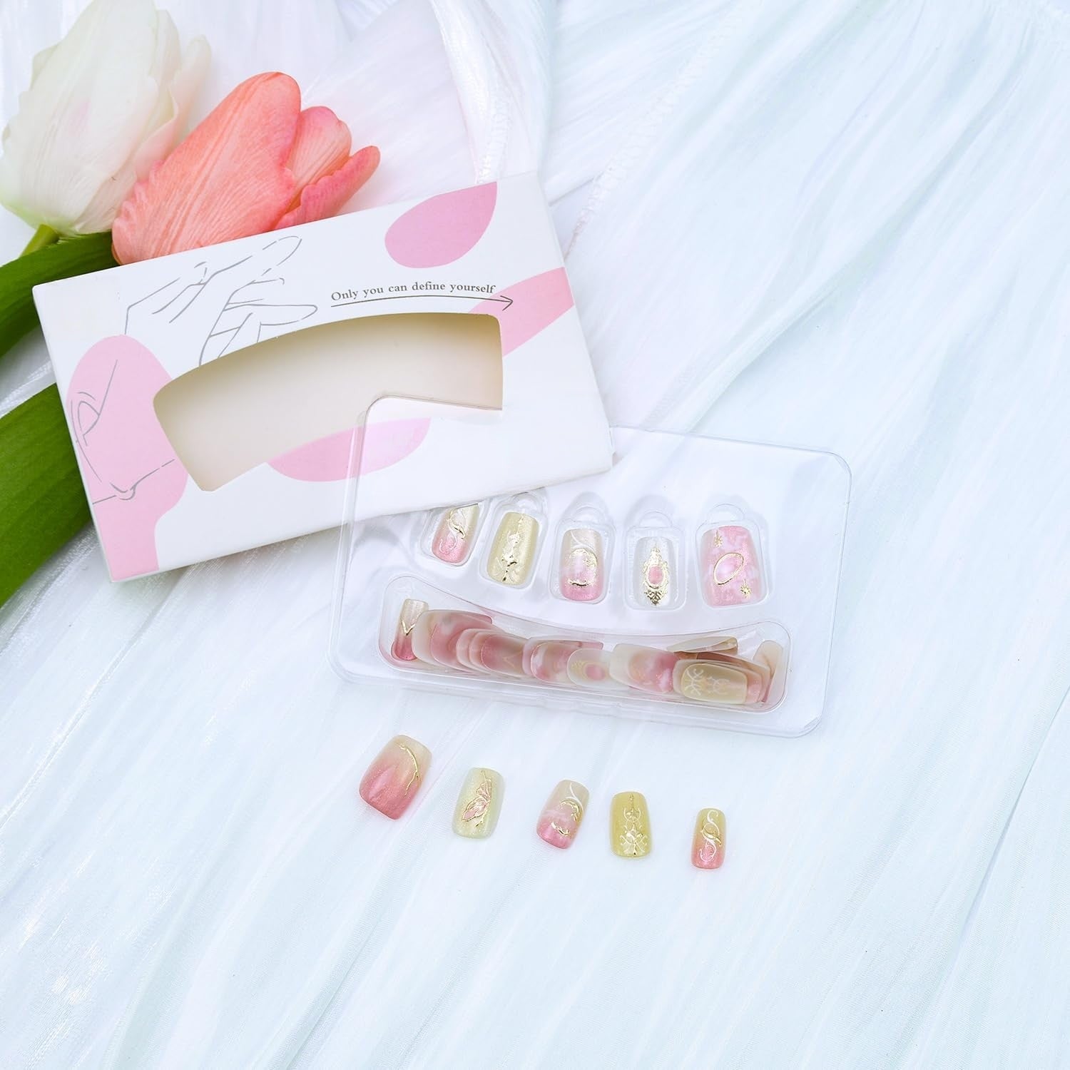 Chic Pink Gold 3D Abstract Square Nail Floral Press-On Nails False Nails 30 Pcs - Free Shipping