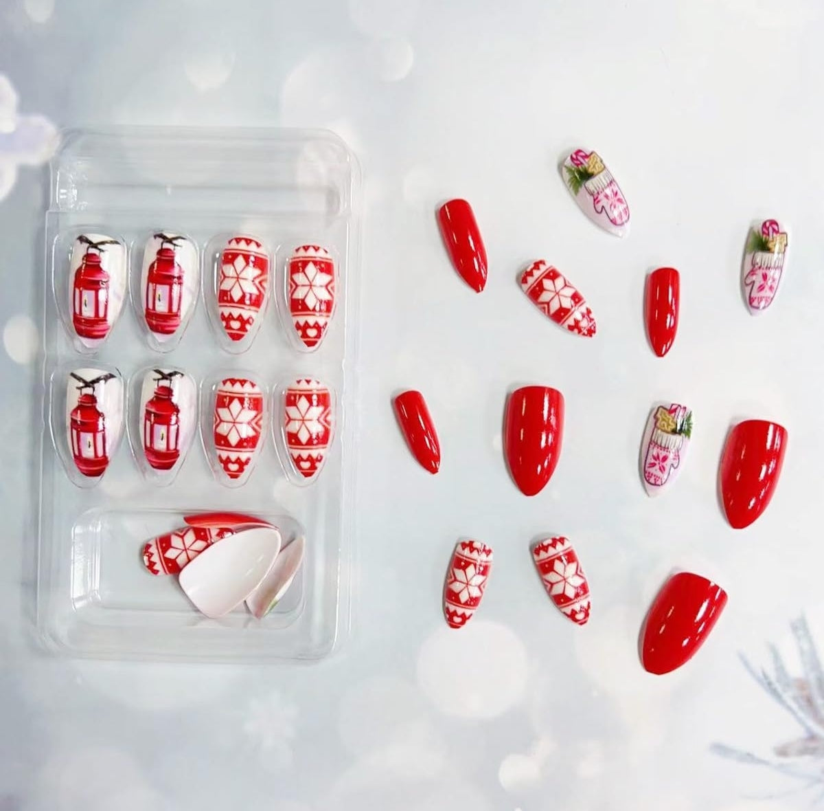 Holiday Red White Snowflake Glove Candle Light Christmas Press-On Nails Acrylic False Nails-Free Shipping