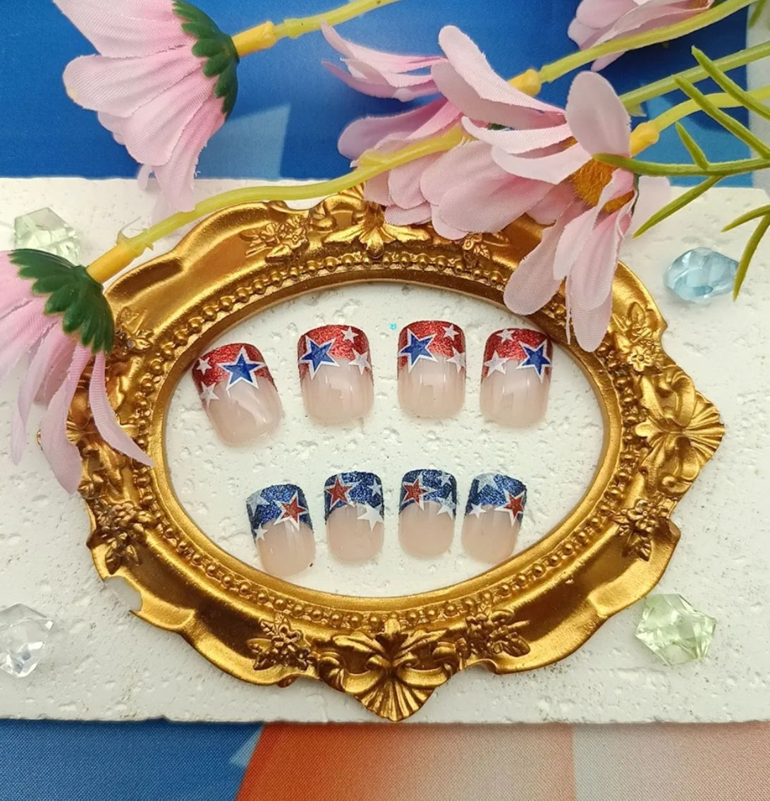 Chic French Glitter Patriotic Star Press-On Nails Fake Artificial Nails 24 Pcs-Free Shipping