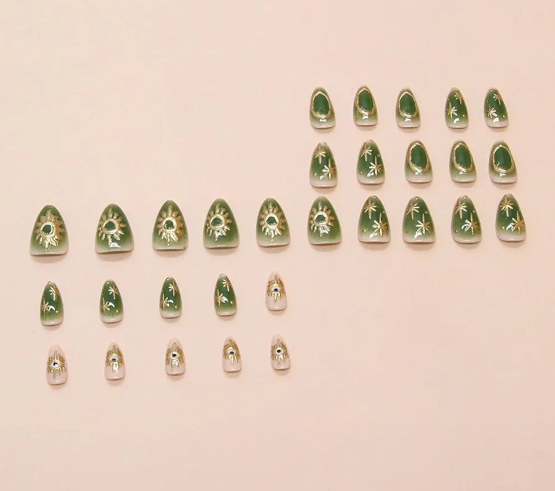 Stylish Celestial Radiant Green Design Press-On Fake Artificial Nails 24 Pcs – Free Shipping