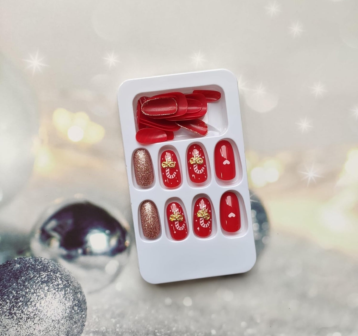 Festive Candy Cane Gold Bow Stripes Christmas Press-On Nails Acrylic False Nails - Free Shipping