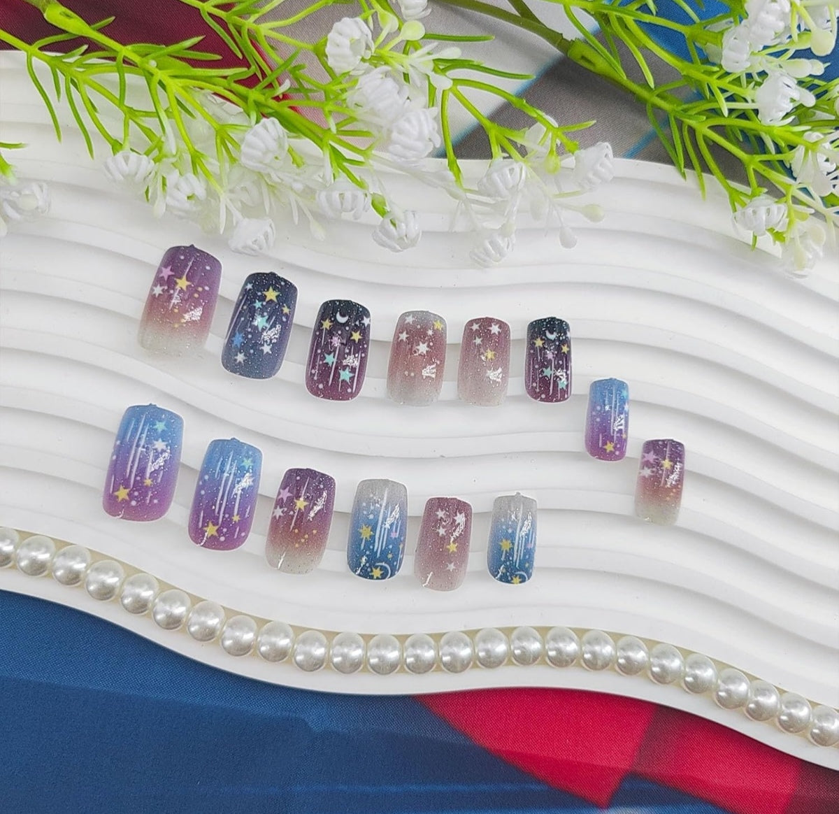 Glitter Star Moon Ombre Press-On Nails Fake Artificial Nails 24 Pcs – Free Shipping