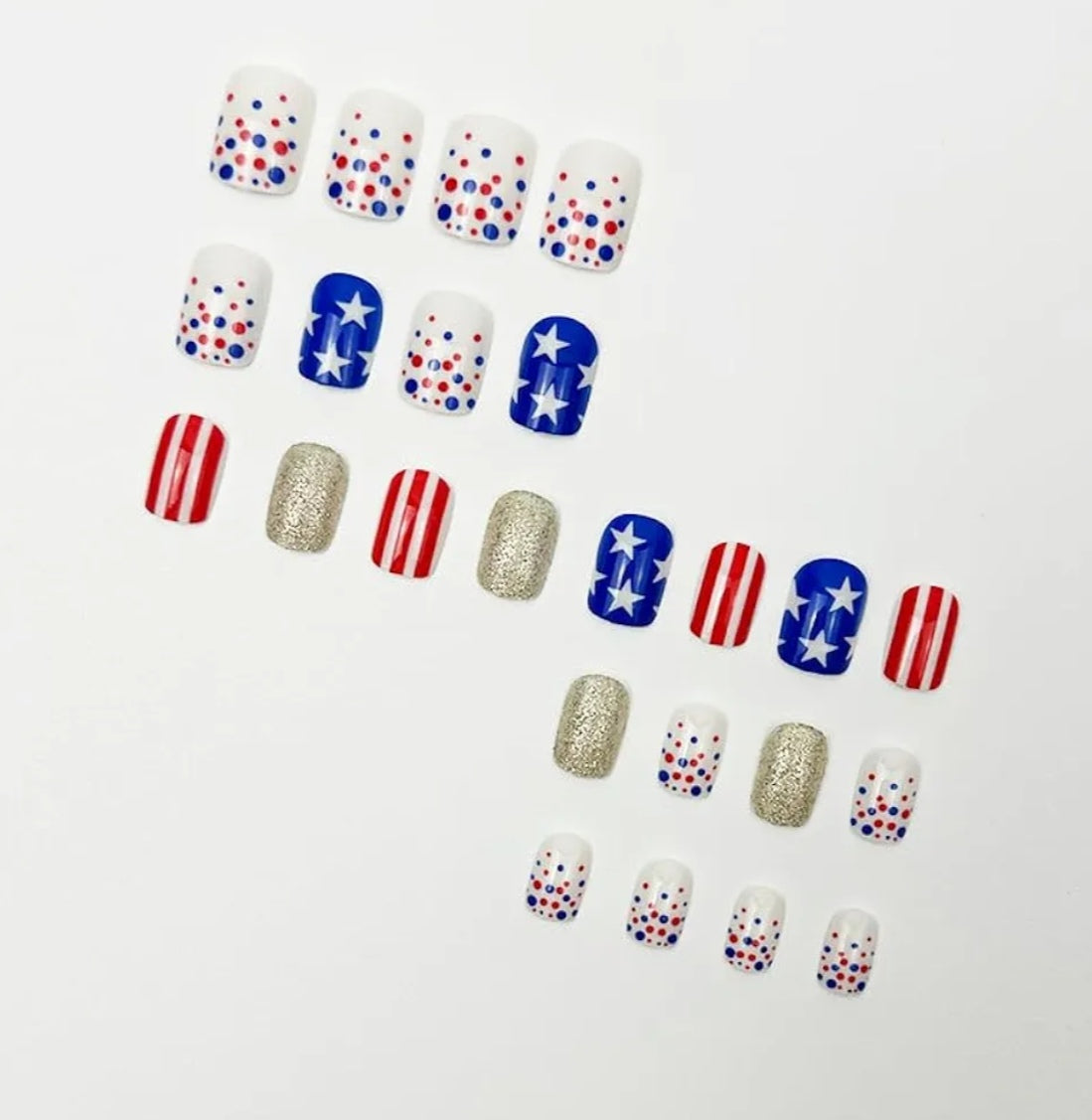 Chic Patriotic Stars Dots Glitter Press-On Nails Fake Artificial Nails 24 Pcs - Free Shipping