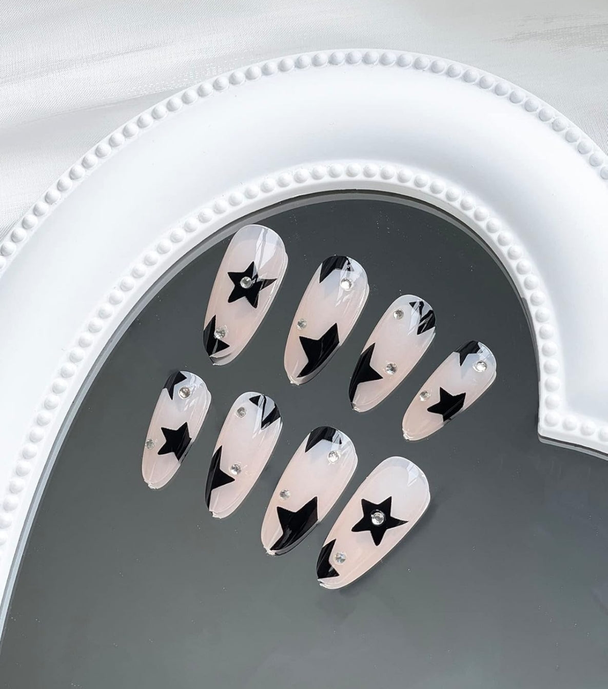 Black Star Rhinestone Almond Press On Acrylic Fake Nails - Free Shipping