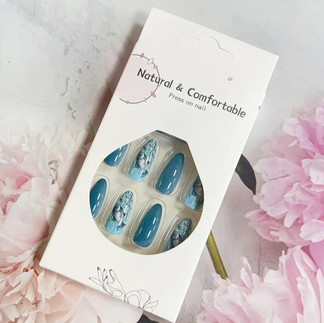 Chic Blue Ocean Fish Design Press-On Nails Fake Artificial Nails 24 Pcs – Free Shipping