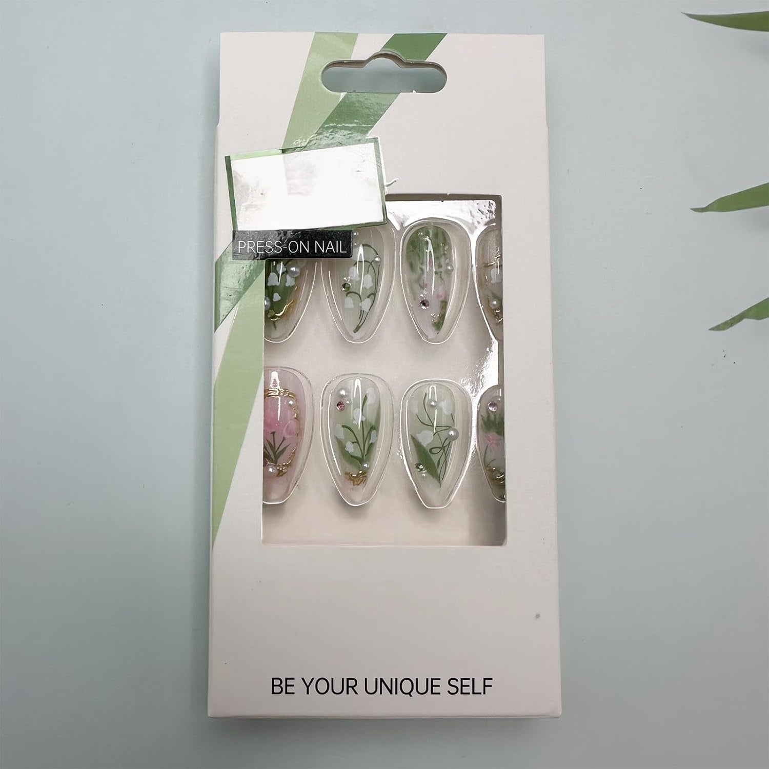 Elegant Green Floral Pearl Glitter Almond Press-On Nails Artificial False Nails 24 Pcs – Free Shipping