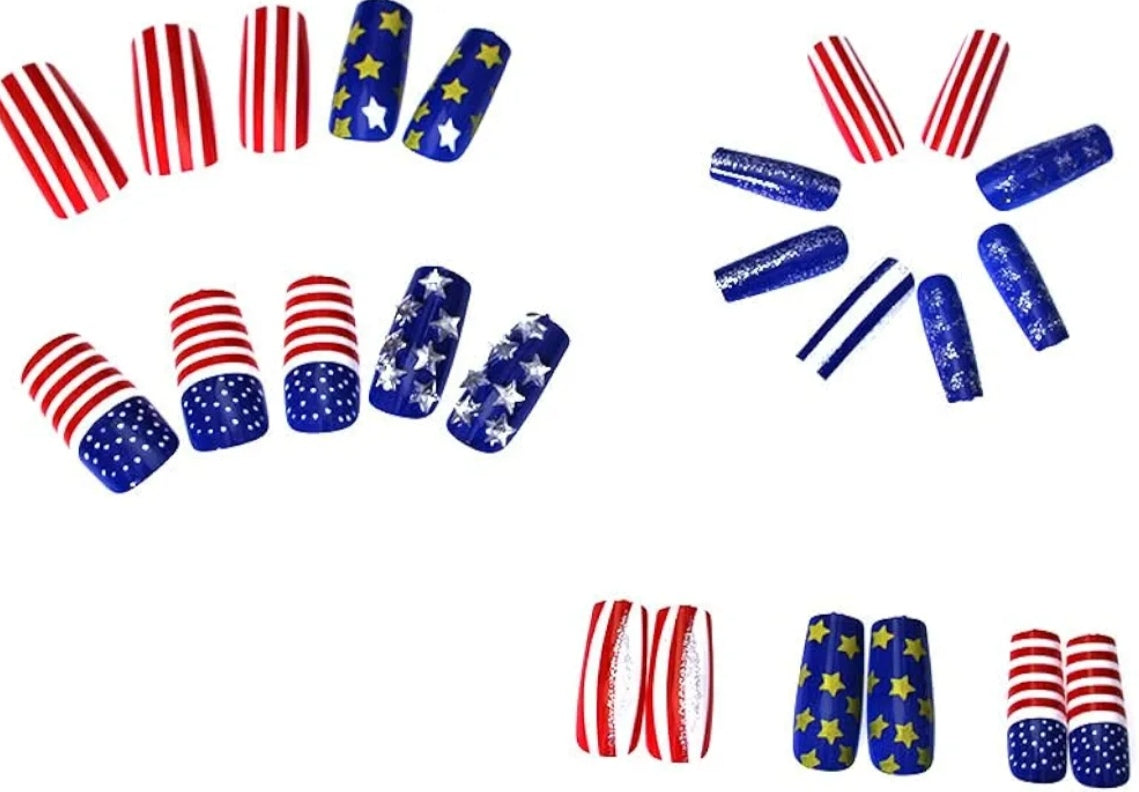 Stylish Patriotic Rhinestone Stars and Stripes Press-On Nails Fake Artificial Nails 24 Pcs – Free Shipping
