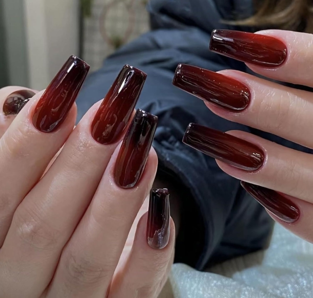 Stunning Black Red Ombre Glossy Coffin Press-On Nails Artificial Nails 24 Pcs - Free Shipping